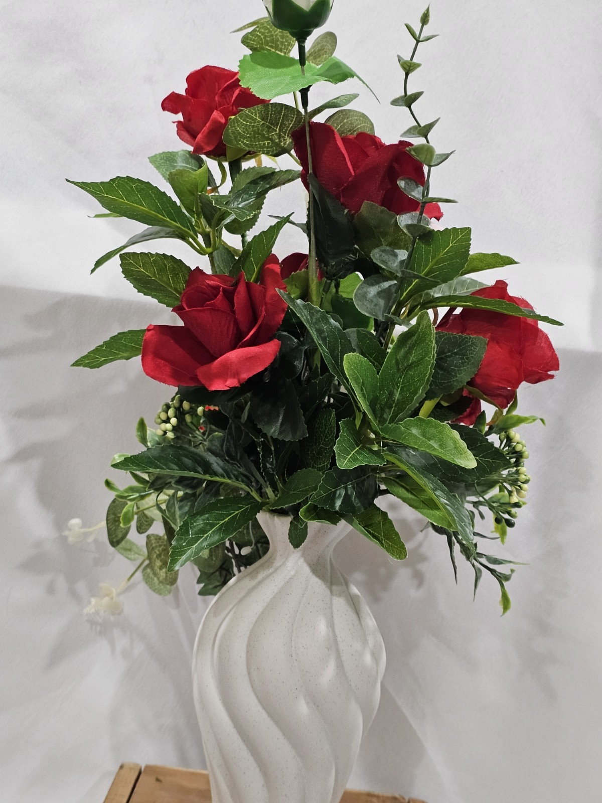 Artificial Red Rose w/white Florwer Arrantement 7″ white vase Total 18″x9 12″