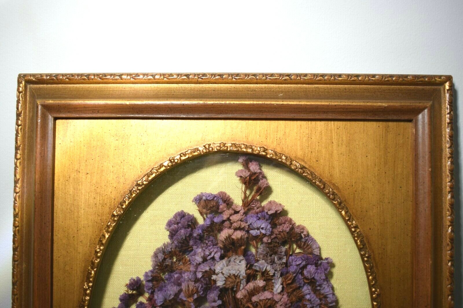 Dried Purple Statice Floral Wall Art Oval Gold Frame 19×16 Cottage Farmhouse VTG