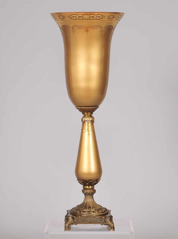 Vase Gold Print on Gold Glass with Gold Metal Base 8.5″D 24.5″High FREE SHIPING