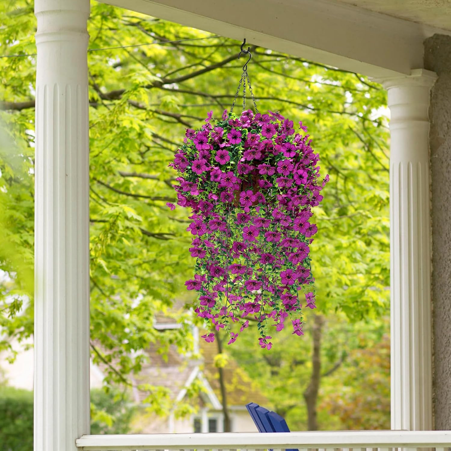 Faux Hanging Violet Flower Baskets with Eucalyptus for Outdoor Decor – 2 Set
