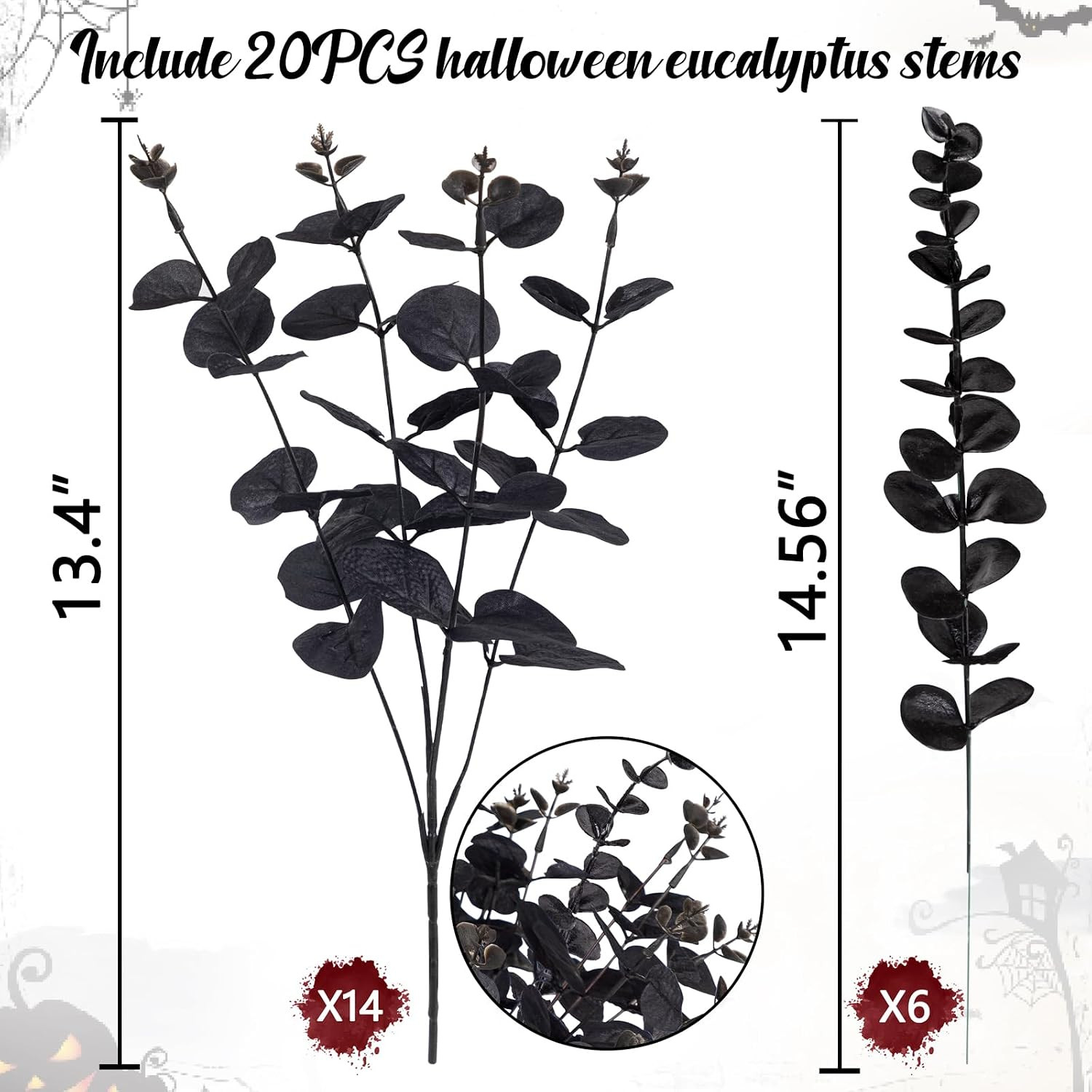 20PCS Black Halloween Decor Artificial Flowers Bulk – Eucalyptus Stems Branches