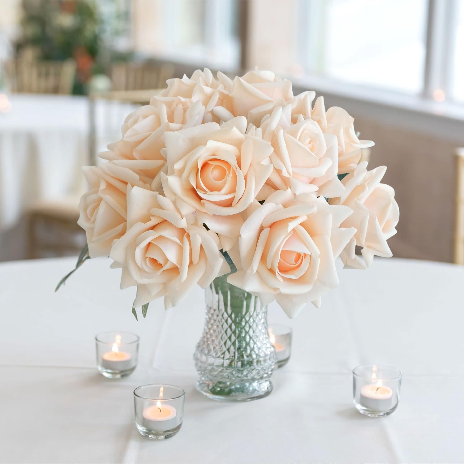 10 Pcs Cream Real Touch Artificial Rose Flower Bridal Bouquet Arrangements