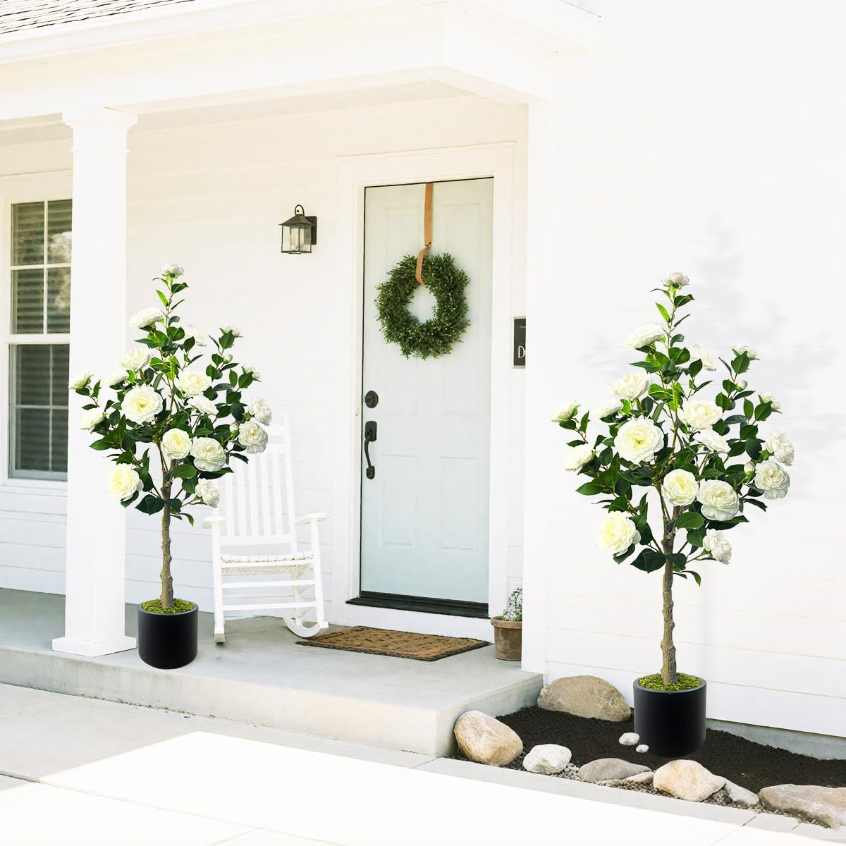 48” Artificial Camellia Tree with White Flower in Pots -2 Pack 4FT Faux Camelli
