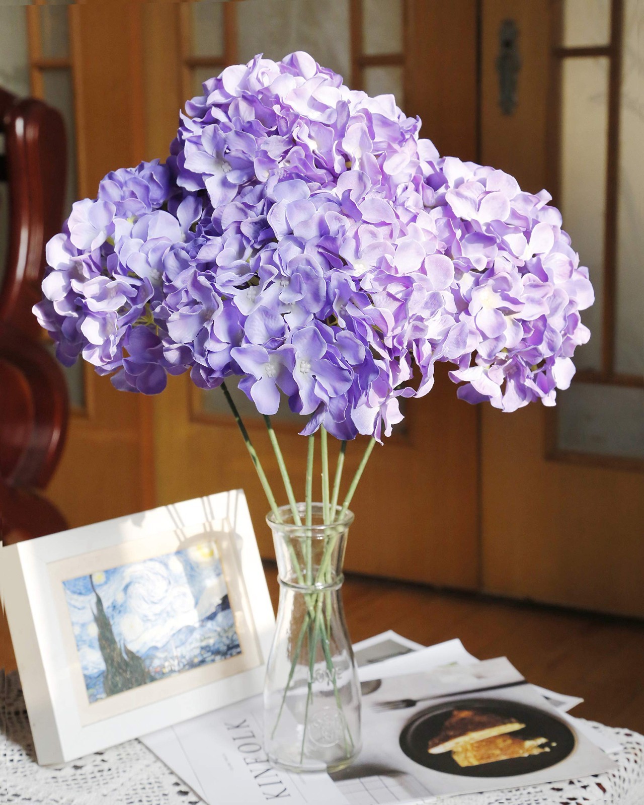 Artificial Hydrangea Flowers Purple, 6 Stems, Silk Floral Arrangement Decor