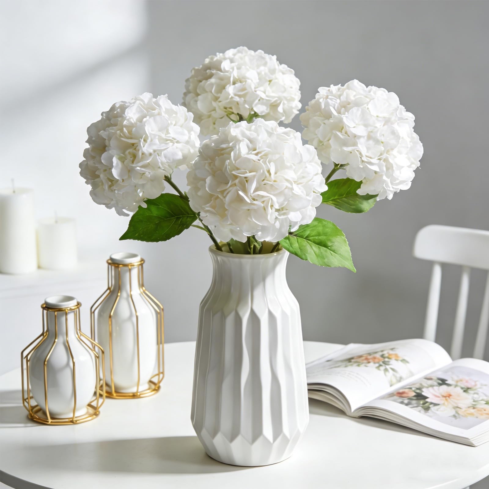 4pcs Hydrangea Artificial Flowers Real Touch Flocked Latex, White