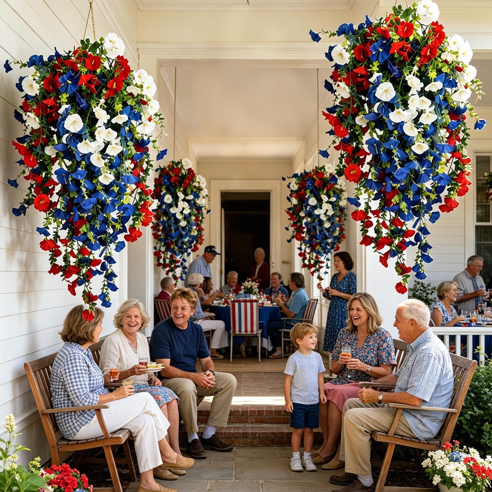 2026 Red White Blue Hanging Flowers Patriotic Faux Basket 4th July Porch Decor
