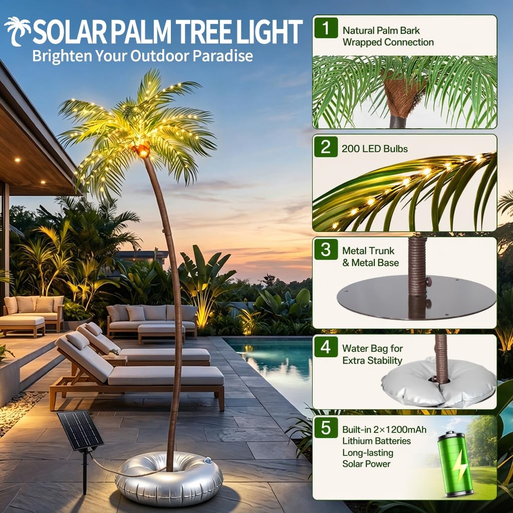 Solar-Powered Artificial Palm Tree 5.9FT with 200 LEDs, Artificial Tree Recha…