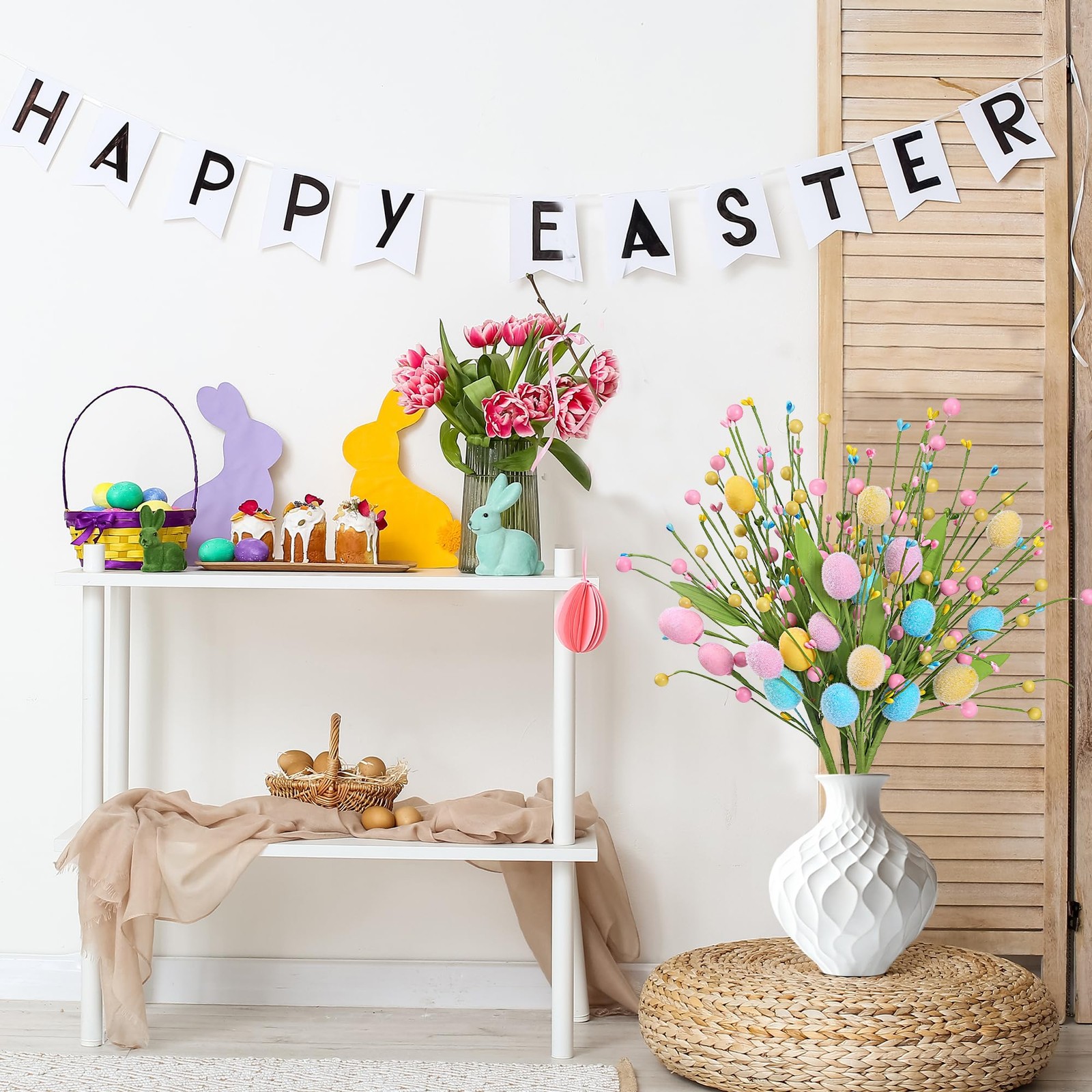 Artificial Easter Stems 6 Pcs Spring Egg Picks with Colorful Eggs Berries Gre…