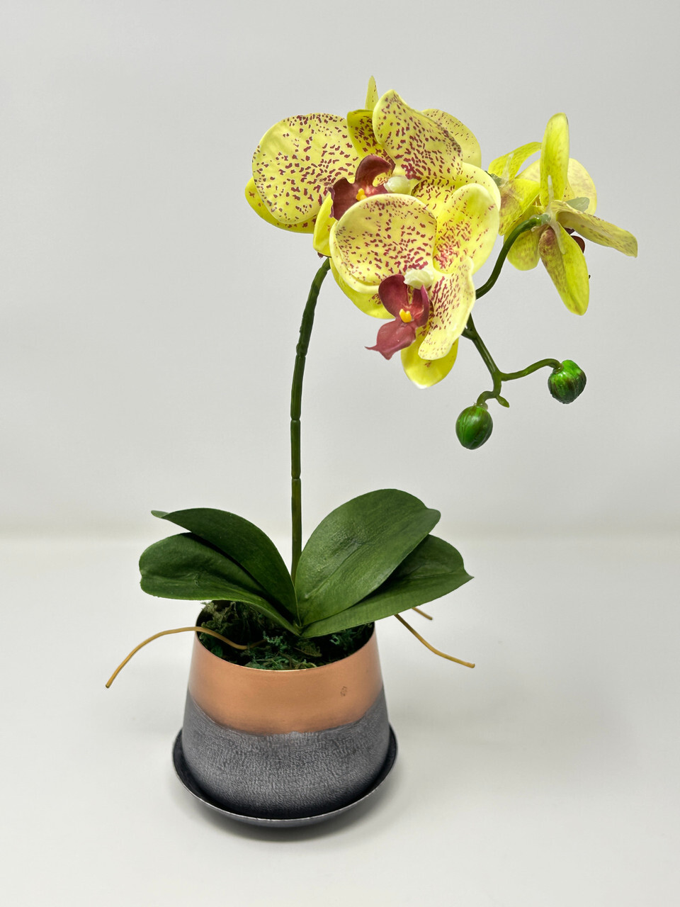 14″ Potted Yellow PHALAENOPSIS ORCHID faux Silk flower plant in copper metal pot