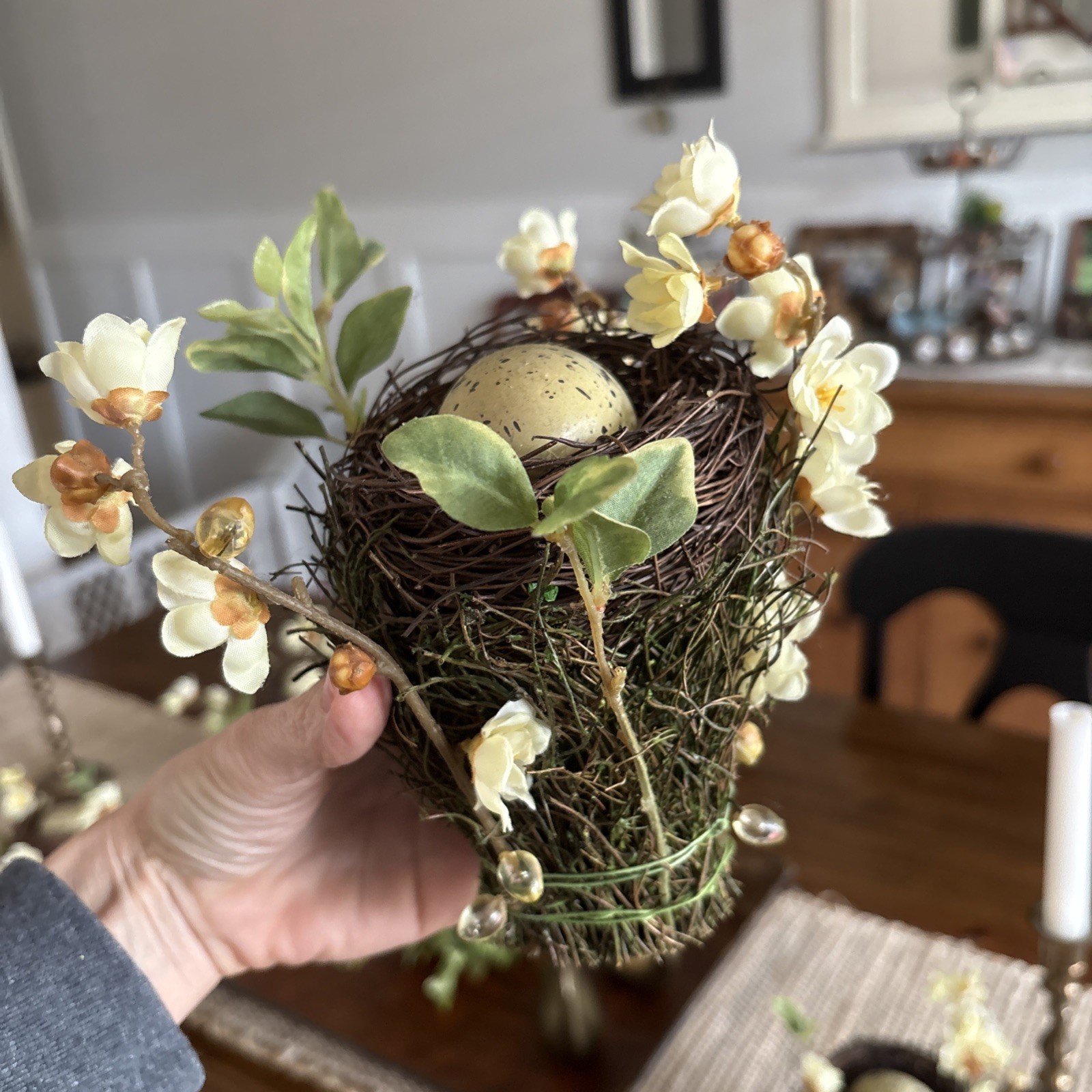Easter Table Decor Bird’s Nest With Faux Eggs & Yellow Artificial Flowers Spring