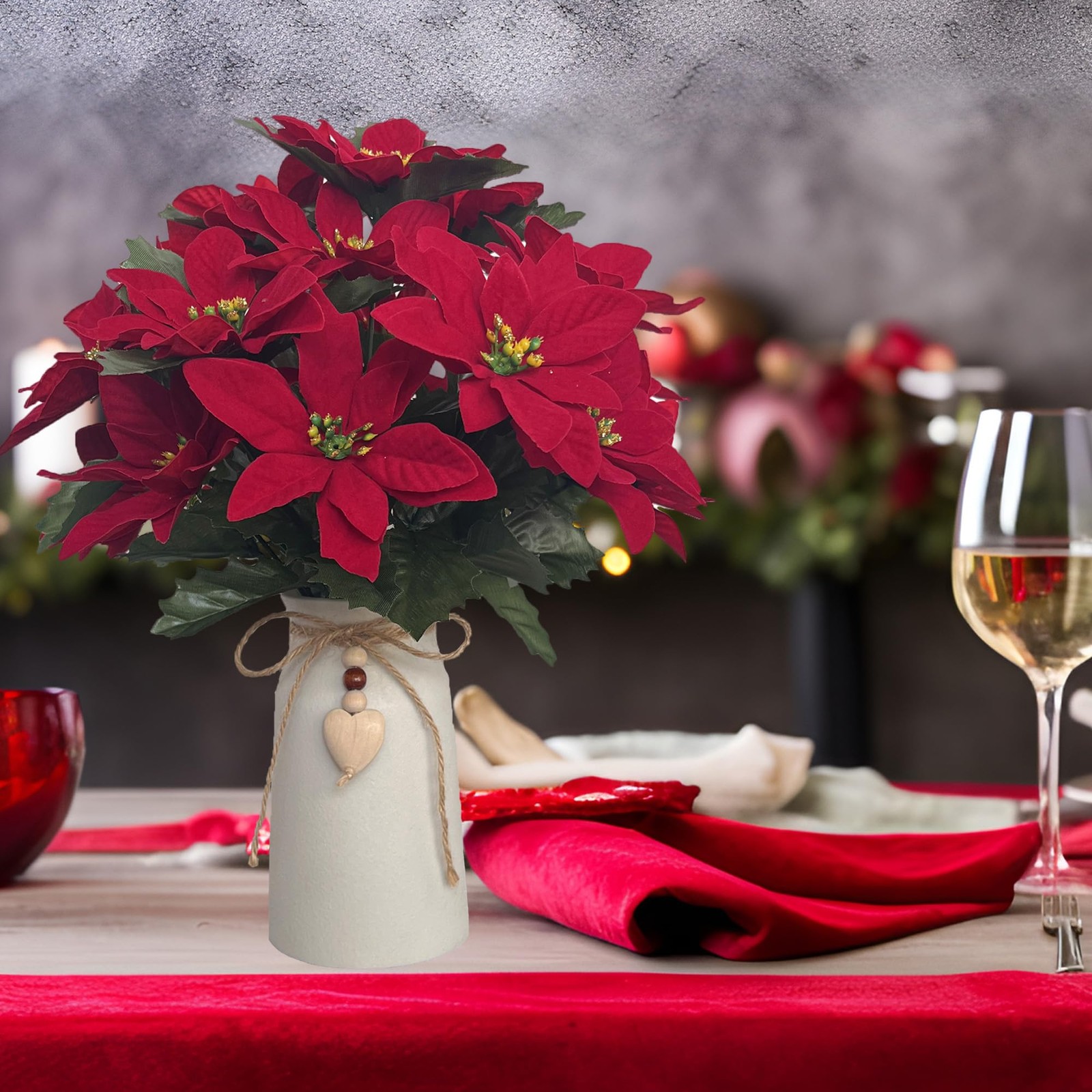 Red Artificial Poinsettia Christmas Flower Arrangement Centerpiece White Vase