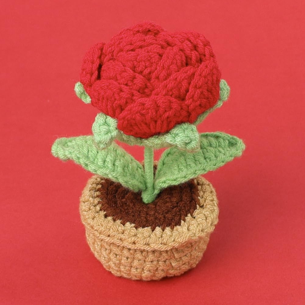 2 Pieces Handmade Crochet Flowers Small Potted Artificial Woolen Yarn Rose Fl…