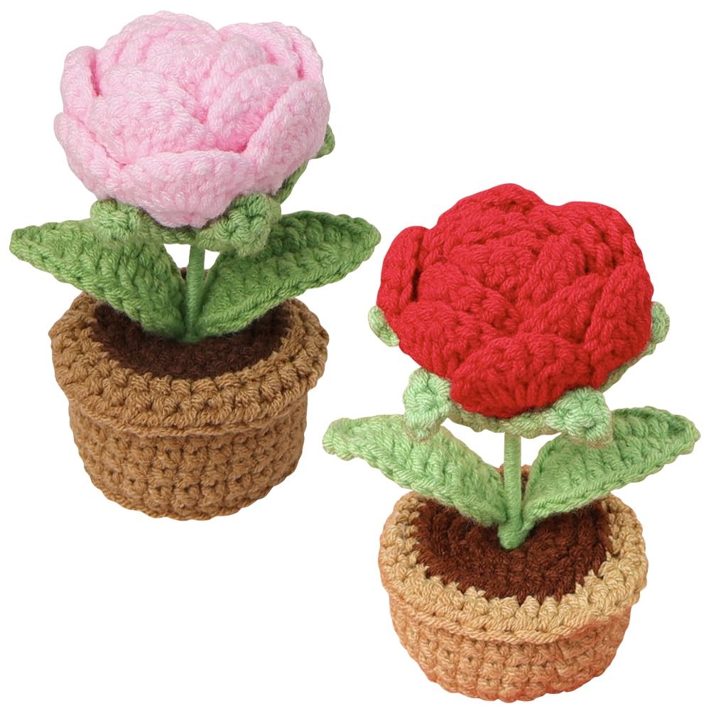 2 Pieces Handmade Crochet Flowers Small Potted Artificial Woolen Yarn Rose Fl…