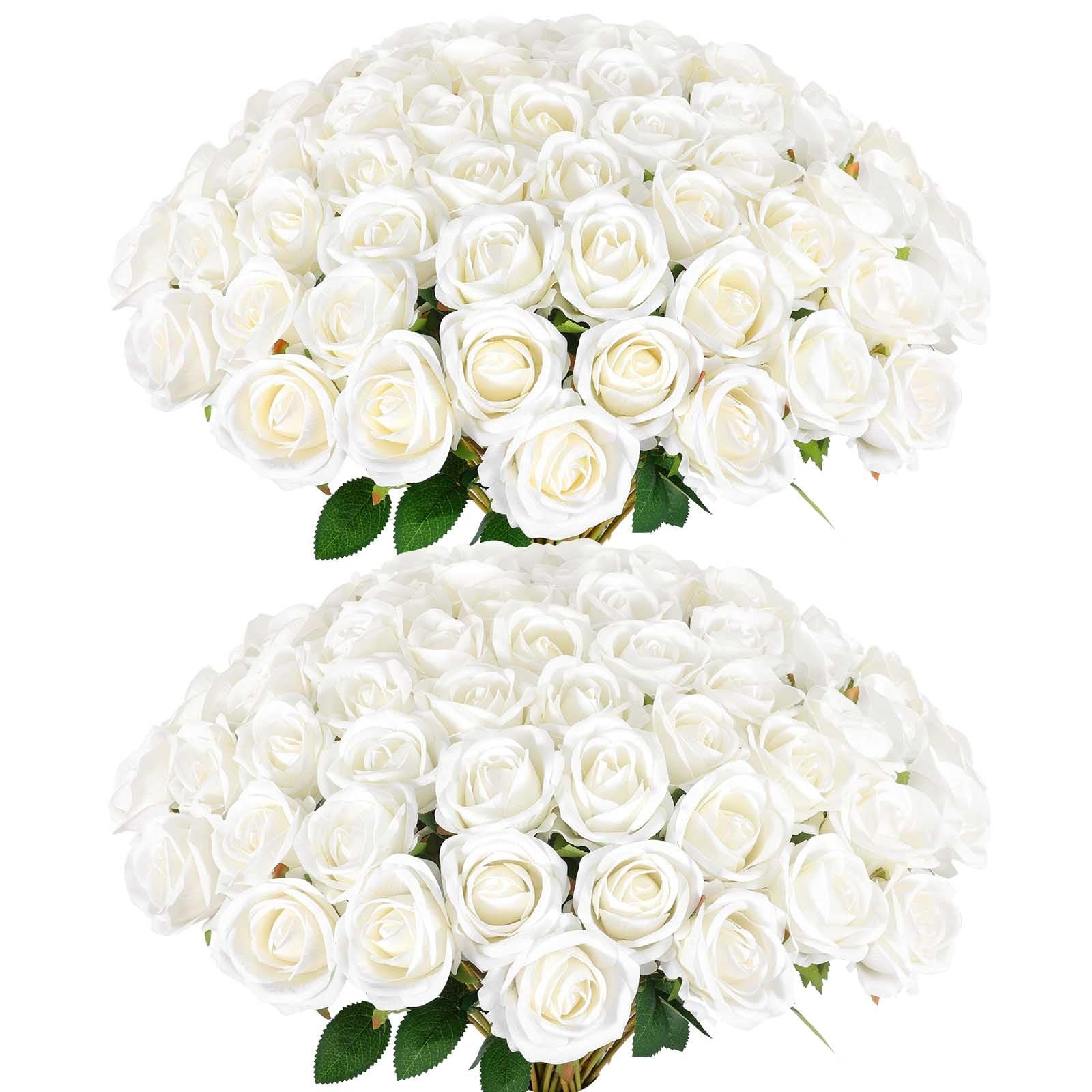 Rowfad 60 Pcs Artificial Roses Bulk Velvet Silk White Roses White Roses for W…