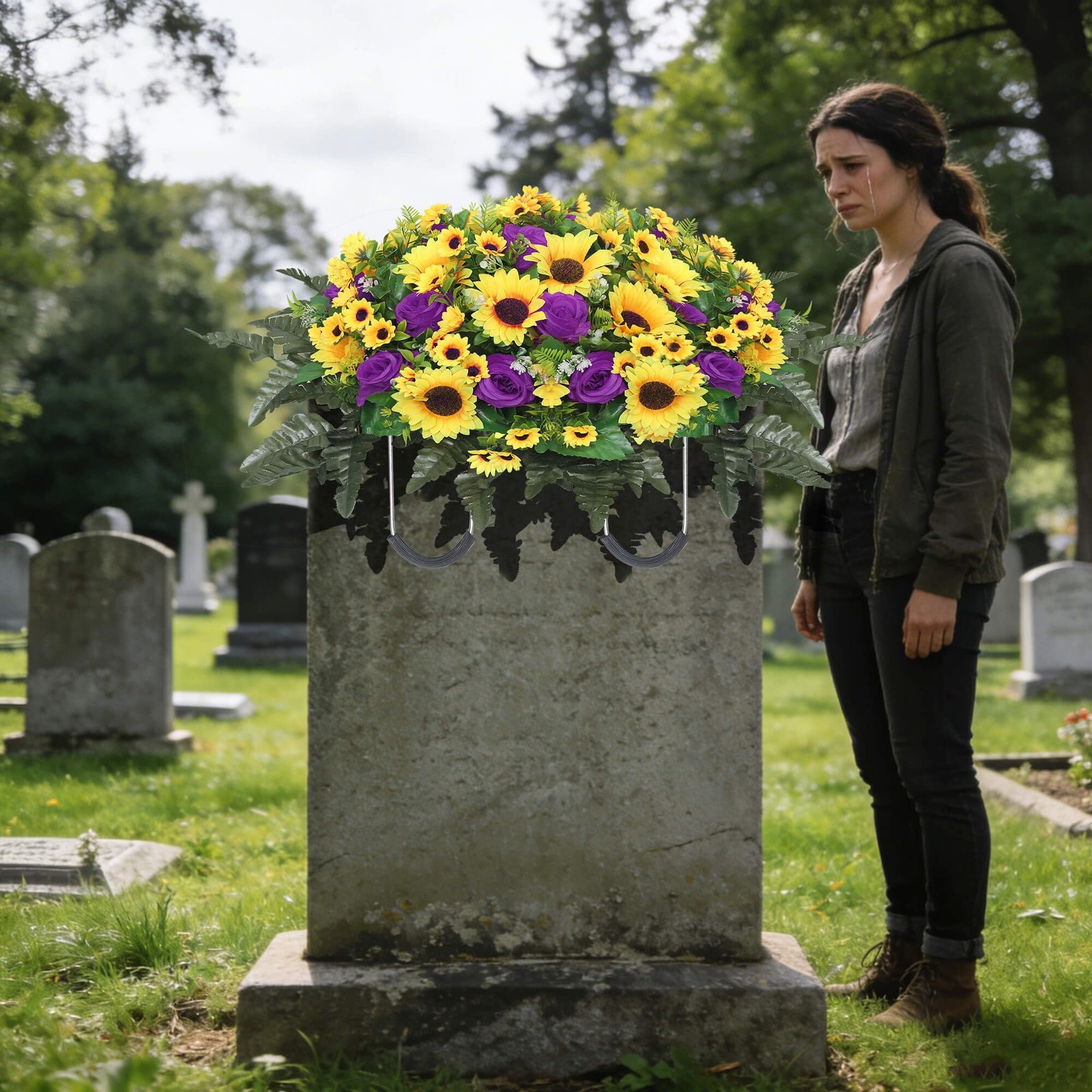 Lodou Artificial Cemetery Flowers for Grave,Headstone Flower Saddle Silk Sunf…