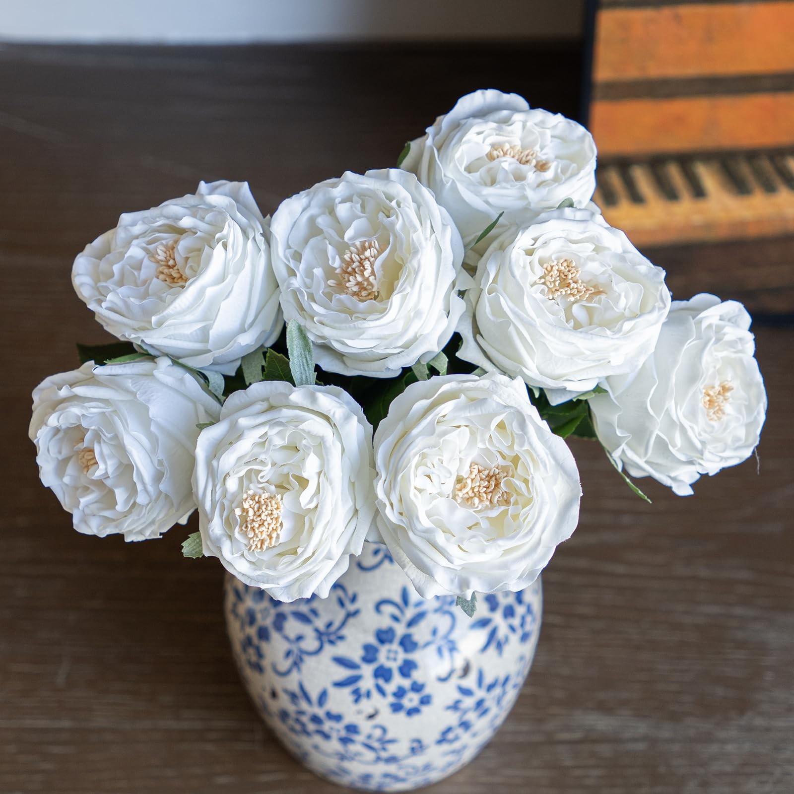 White Fake Flowers for Decoration 4pcs Real Touch Austin Rose Peony Latex