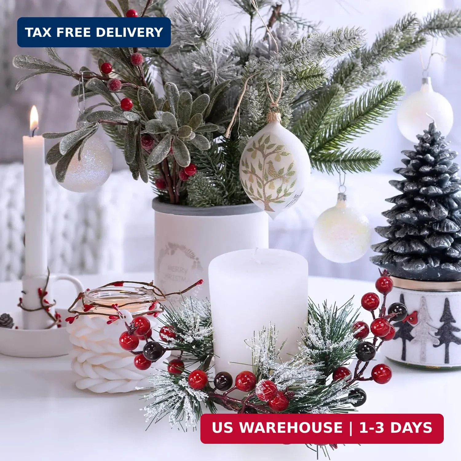 Winlyn 4 Pcs Artificial Pine and Berry Candle Rings Wreaths Snowy Pine Needle Re