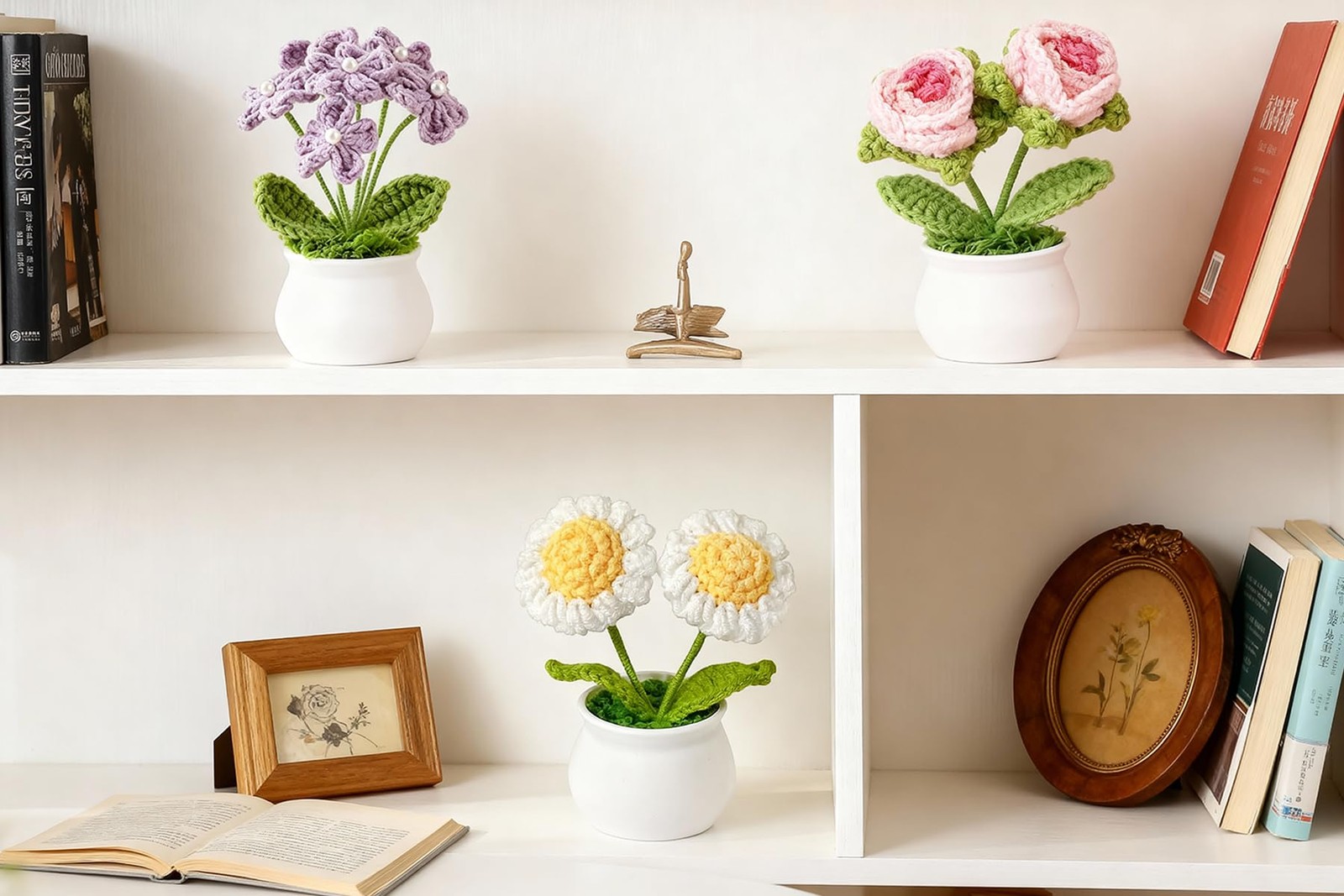 3 PCS Crochet Flower Pot Set Daisy Rose Forget Me Not Potted Gift Decor