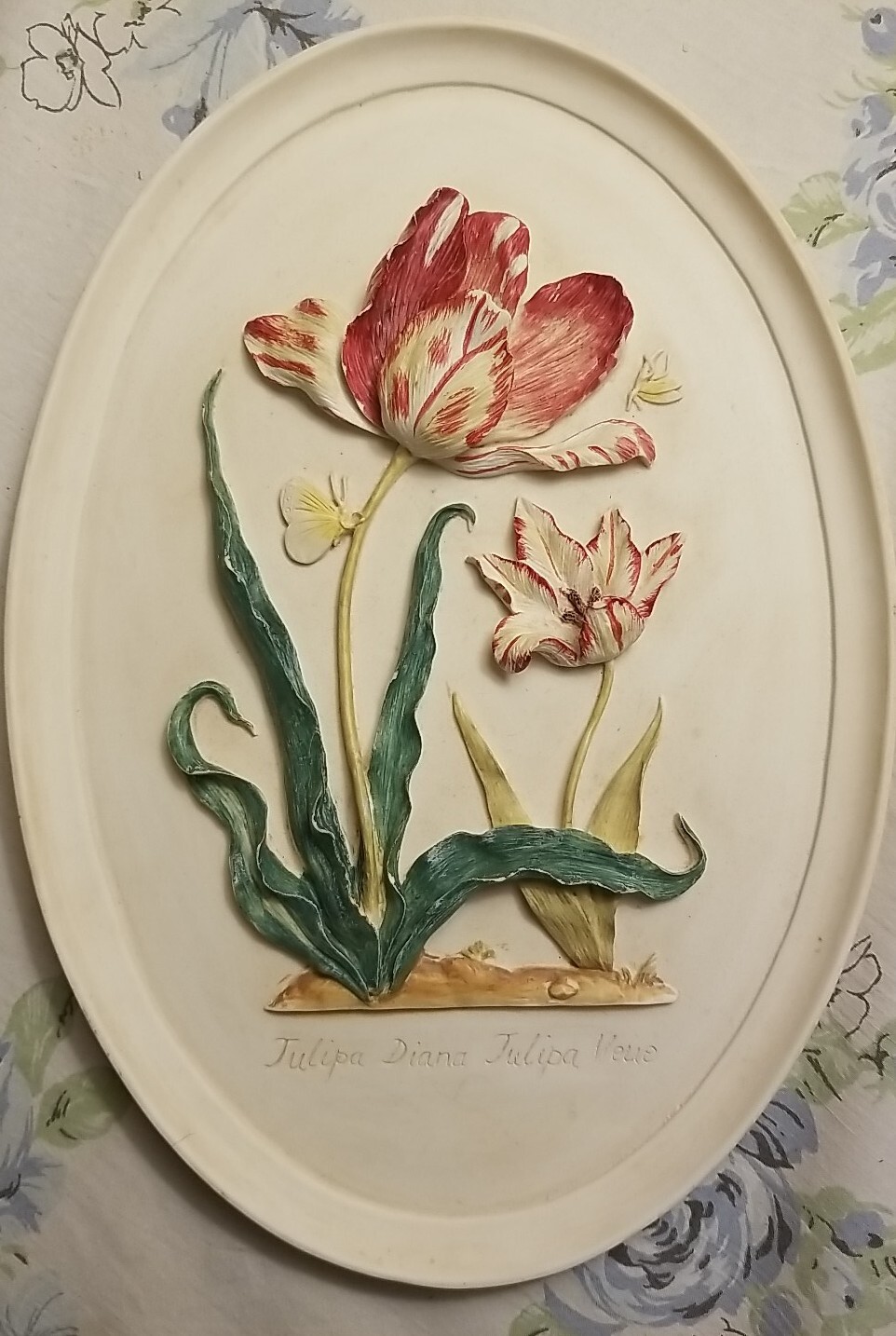2 VTG Oval Soapstone Raised Floral Wall Plaques-Tulipa Diana,Hycinthus Orientals