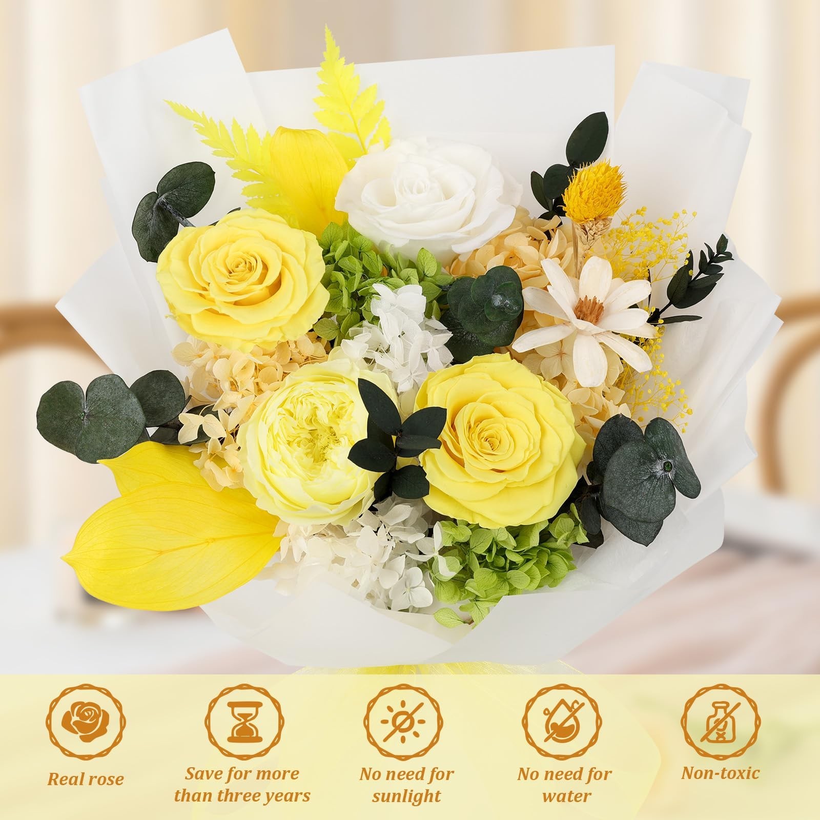 TYL&TYS Preserved Flowers Bouquet Yellow Forever Roses 3-5 Years