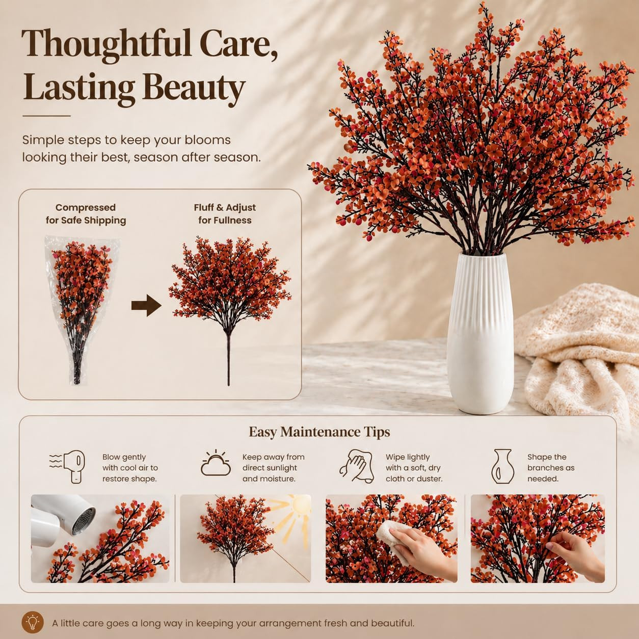 6 Bundles Artificial Burnt Orange Baby’S Breath Flowers | 18.5 Inch Silk Gypsoph