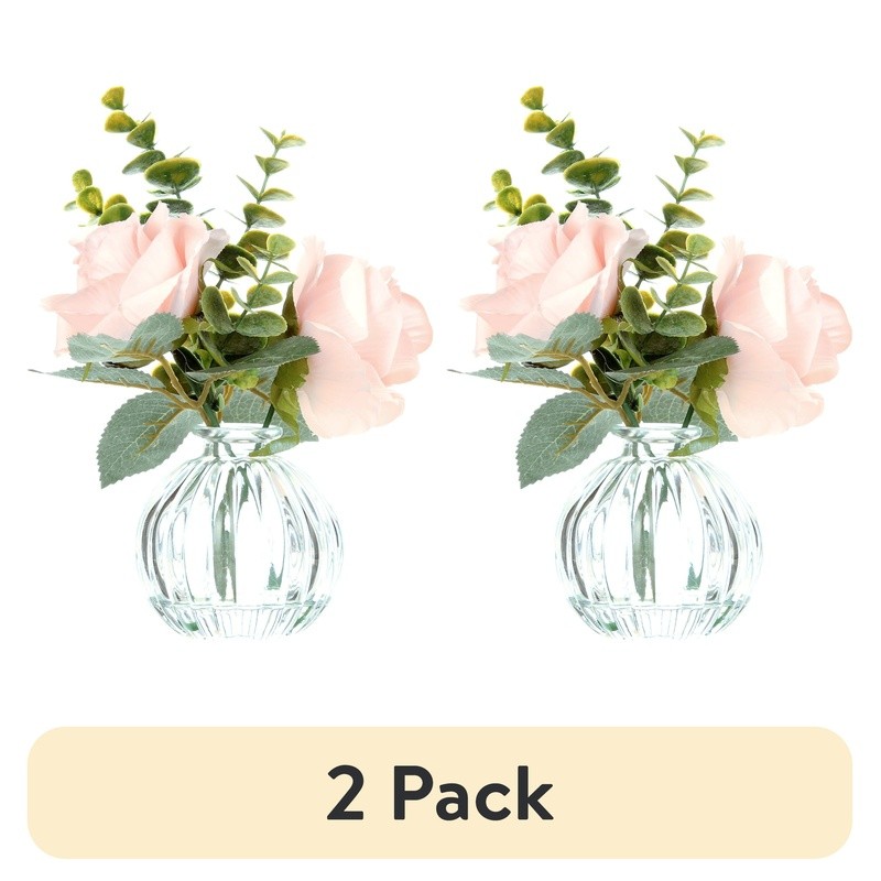 Tabletop Faux Rose Floral Arrangement in Clear Glass Vase W/ Faux Water New