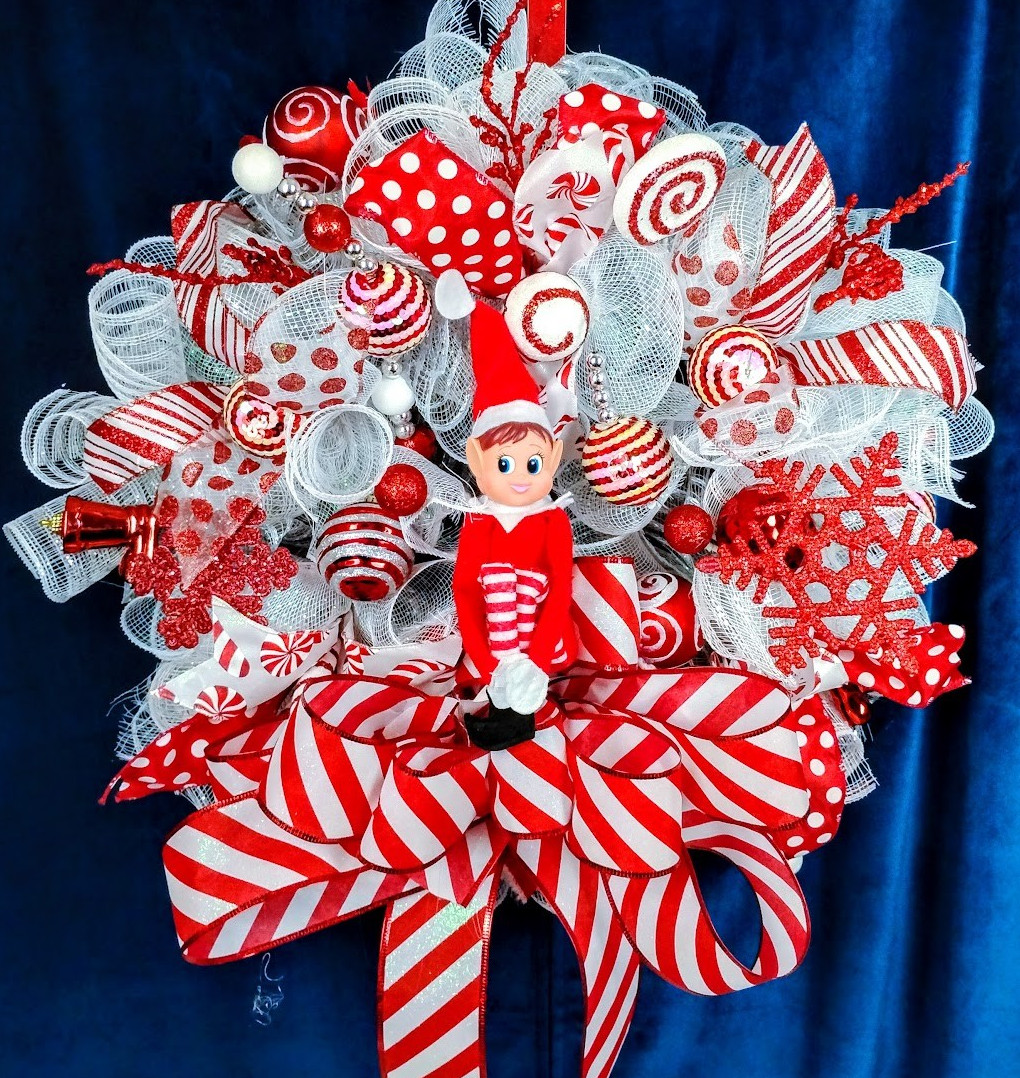 Christmas Elf Front Door Wreath Large 24″ Handmade Deco Mesh Holiday Decoration