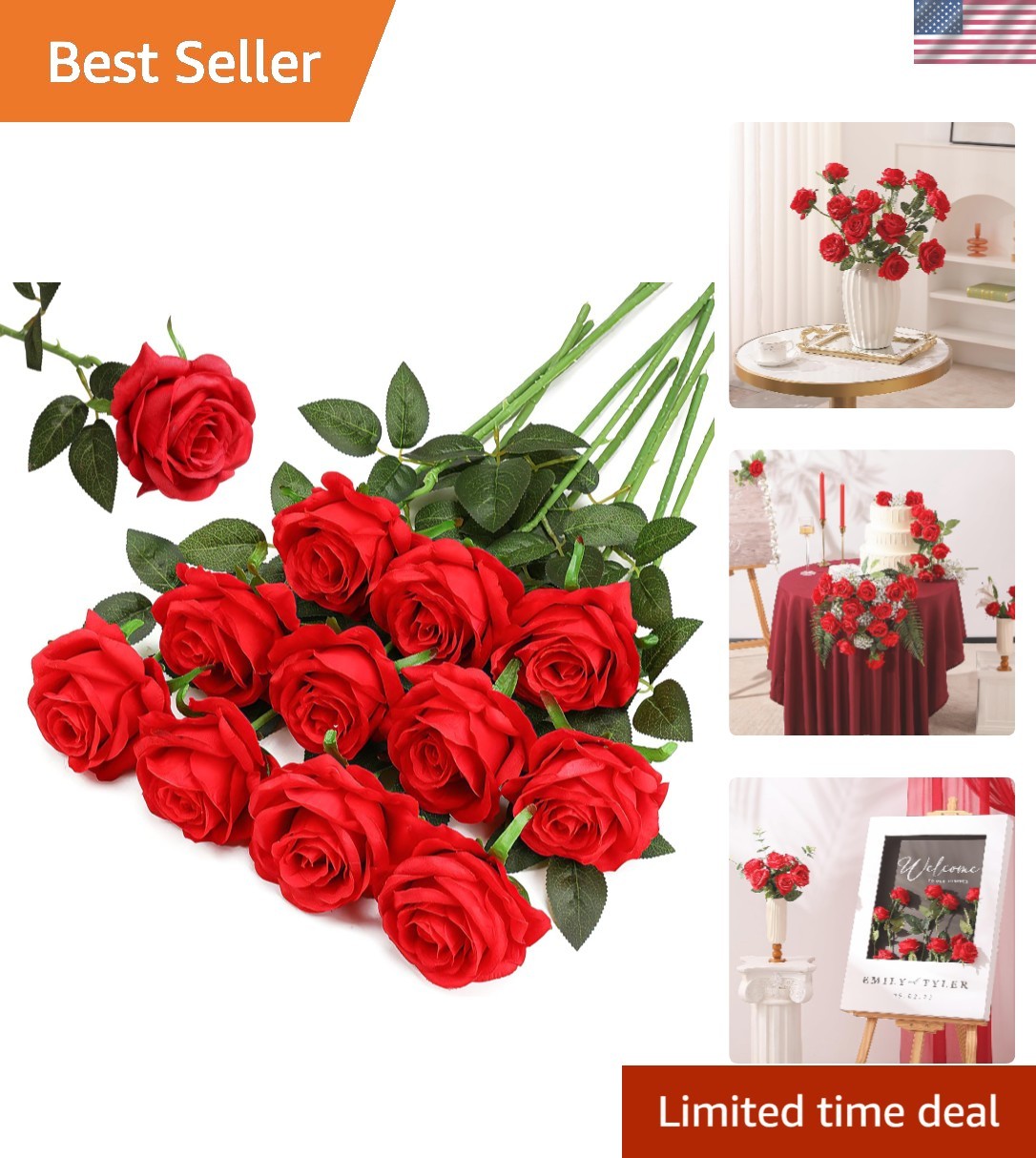 10 Pcs Red Fake Roses – Elegant Silk Flowers for Home Decor & Weddings