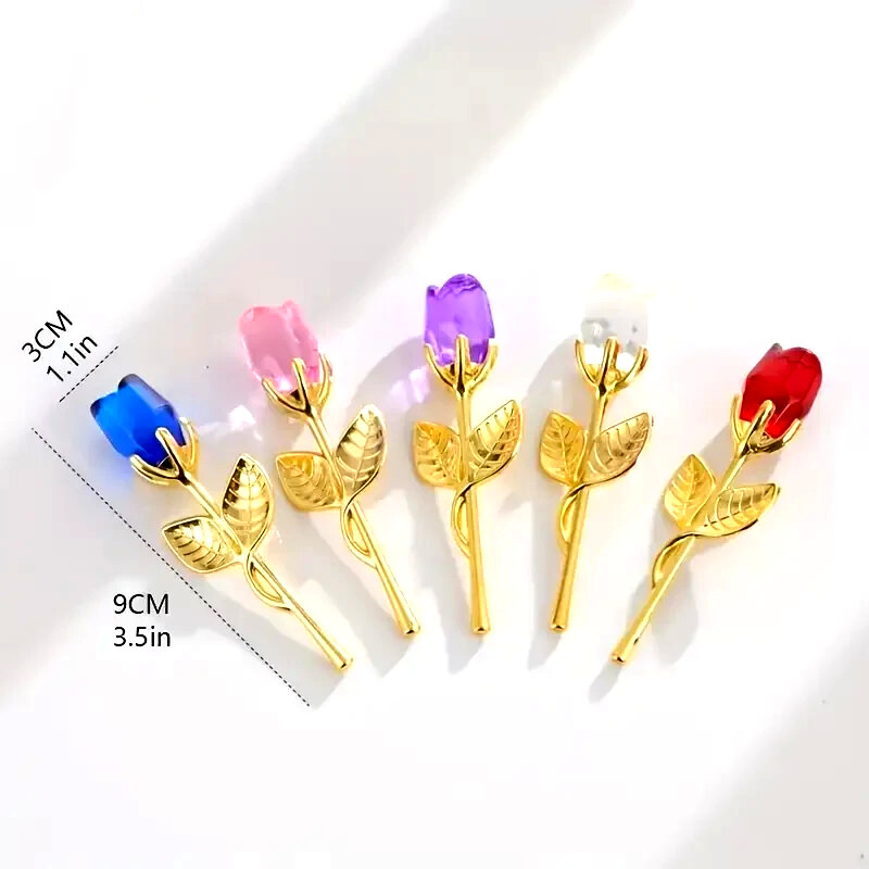 1 pc. Valentine Day Crystal Glass Red Rose Flower w/ Yellow Stem in Golden Box
