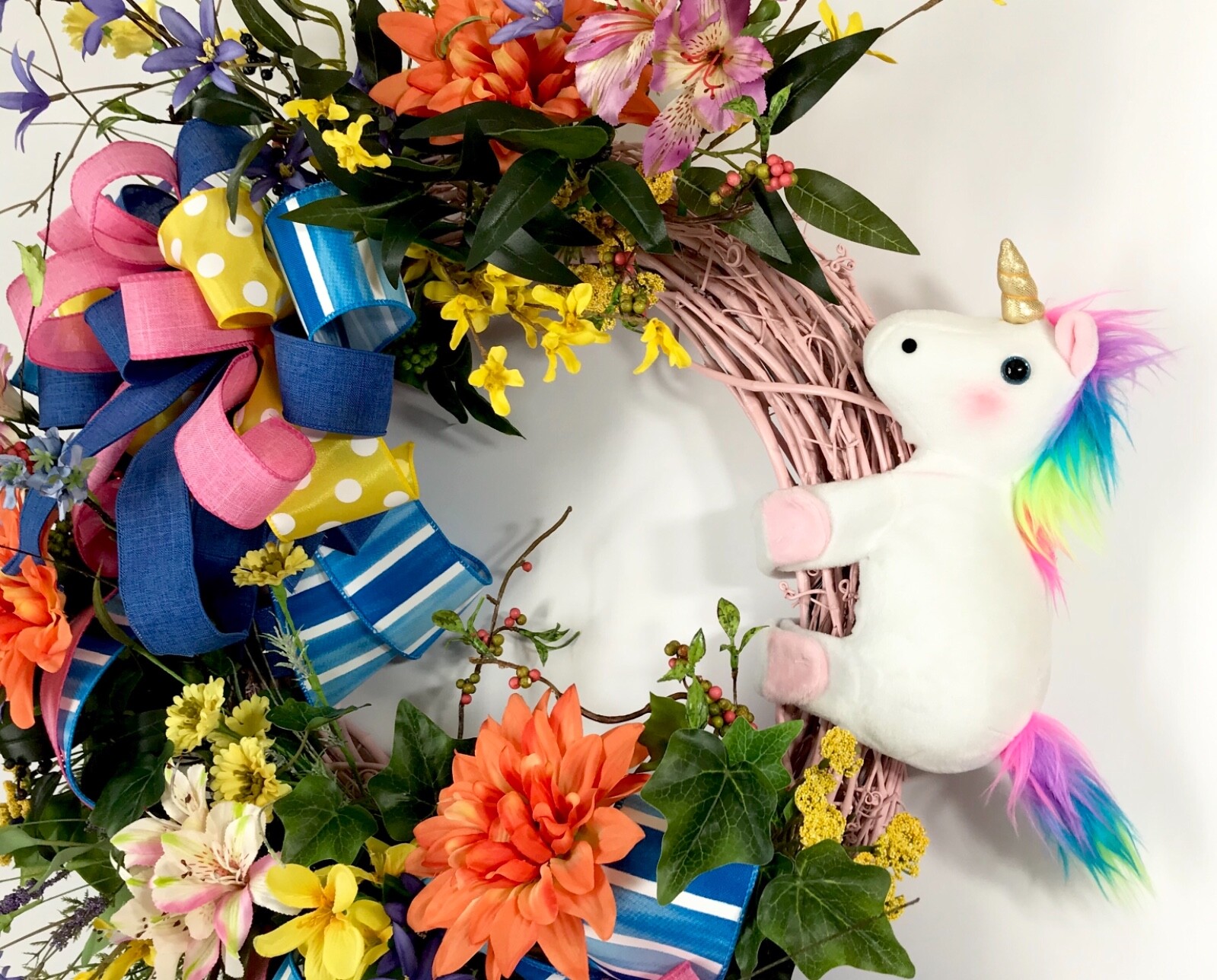 RAINBOW UNICORN PINK GRAPEVINE WREATH FRONT DOOR BRIGHT SUMMER FLOWERS DECOR NEW