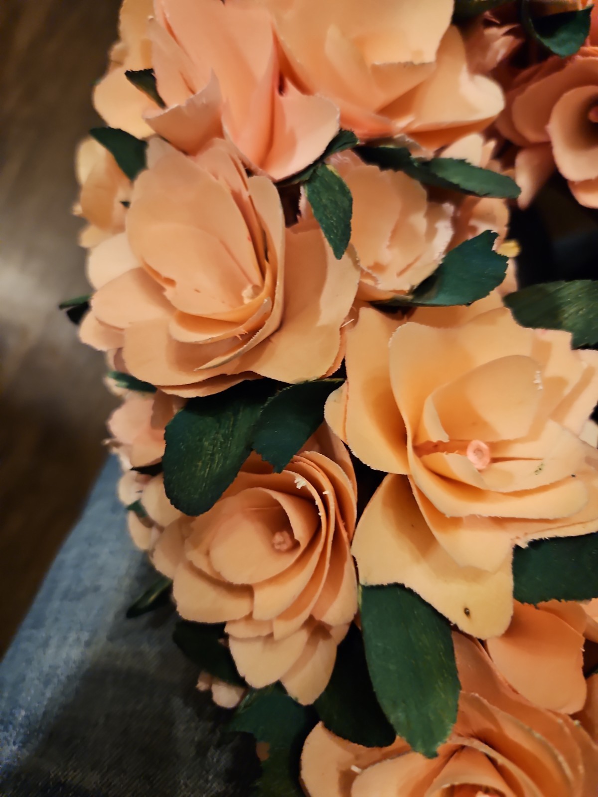 Handmade Curled Wood Shavings Heart Wreath Decor Vintage Roses Elegant