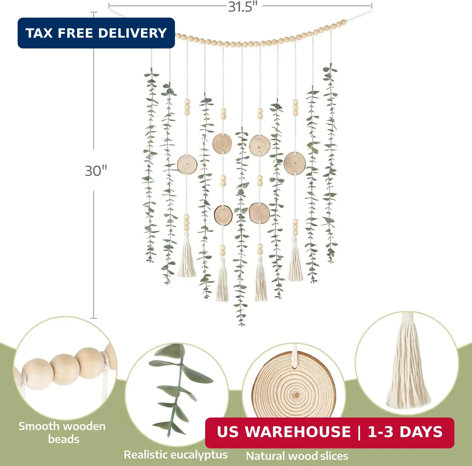 Dahey Hanging Artificial Plant Eucalyptus Wall Decor 31” Wooden Bead Garland wi