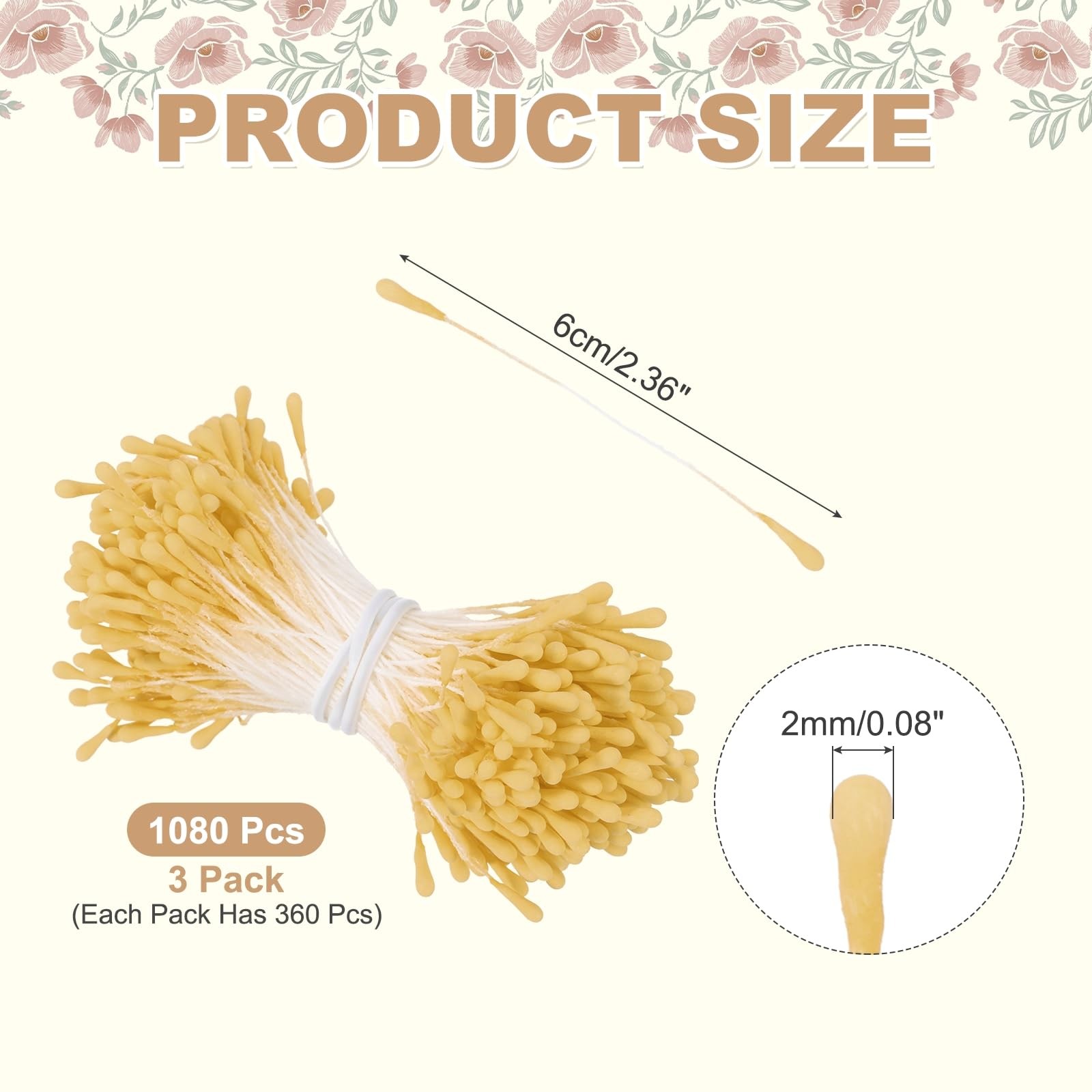 1080 PCS 2mm Double Head Flower Stamen Matte Artificial Floral Pistil Yellow