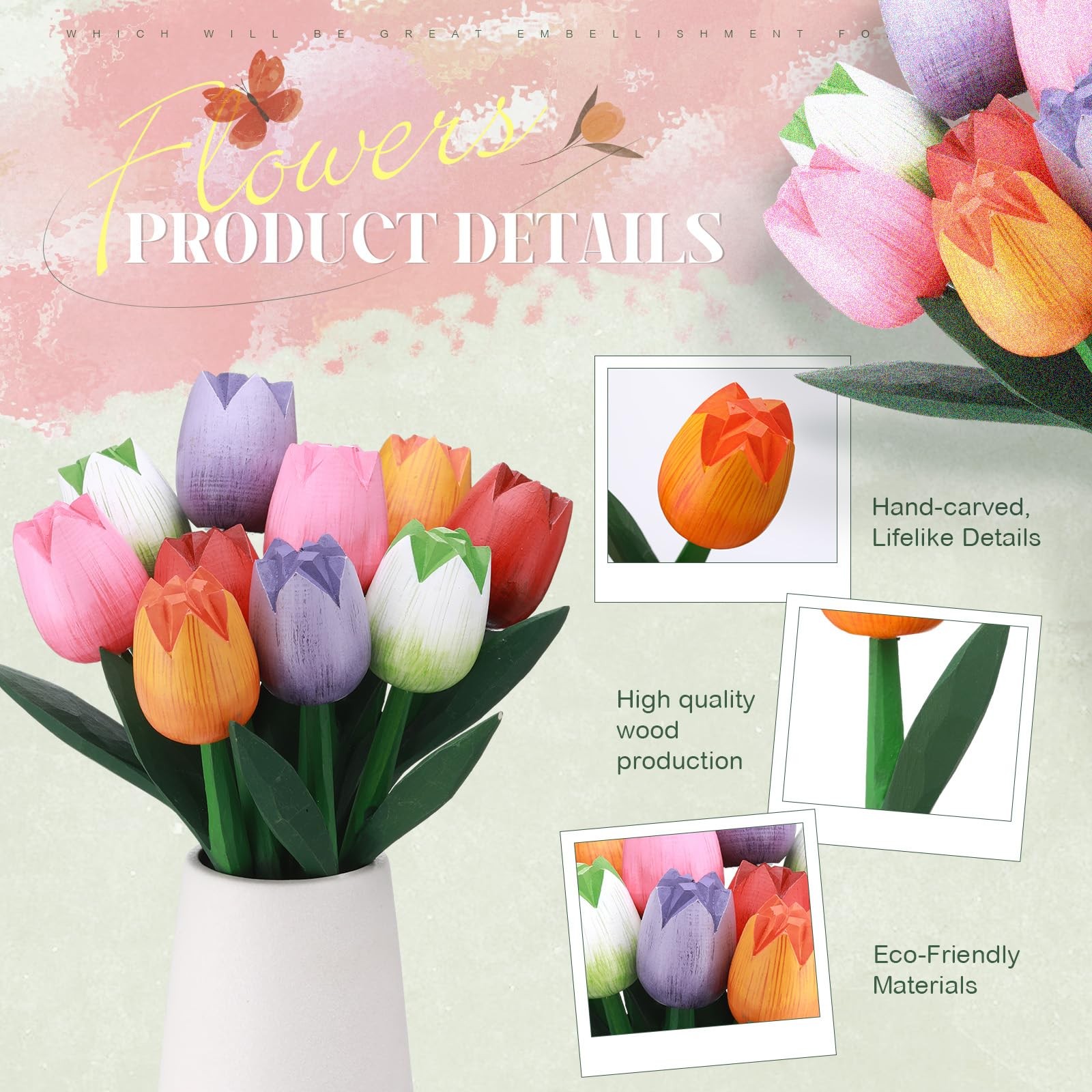 CroBlissful 10 Pcs 9 Inch Spring Wooden Tulip Flowers Gift for Graduation Spr…