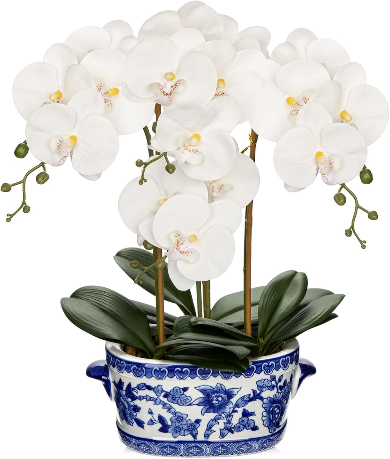 Elegant Blue & White Porcelain Pot with 19.7″ Faux Silk Orchid Arrangement