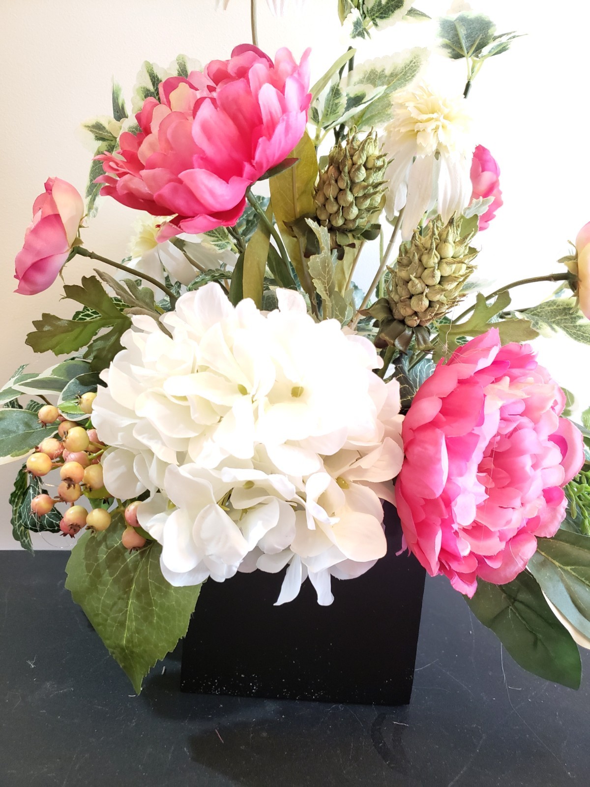 Hot Pink Peony & White Hydrangea Arrangement, Pink Spring Silk Floral