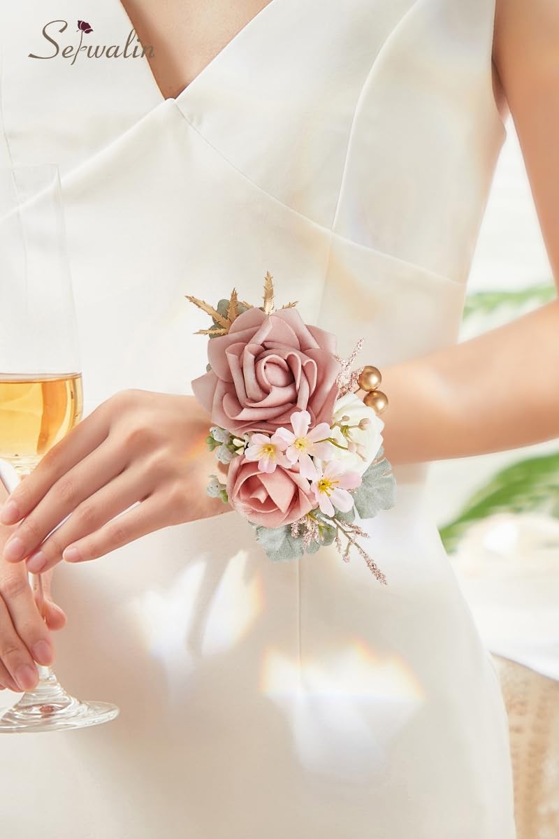 2 PCS Wrist Corsage 6-7 Inch Dusty Pink Artificial Flowers Fits Wedding