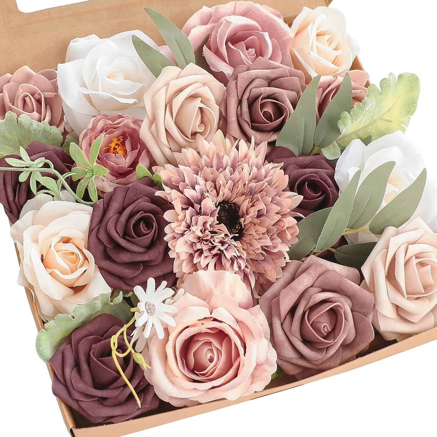 Dusty Rose Mauve Artificial Flowers Fake Roses Peony and Greenery Combo Box Set