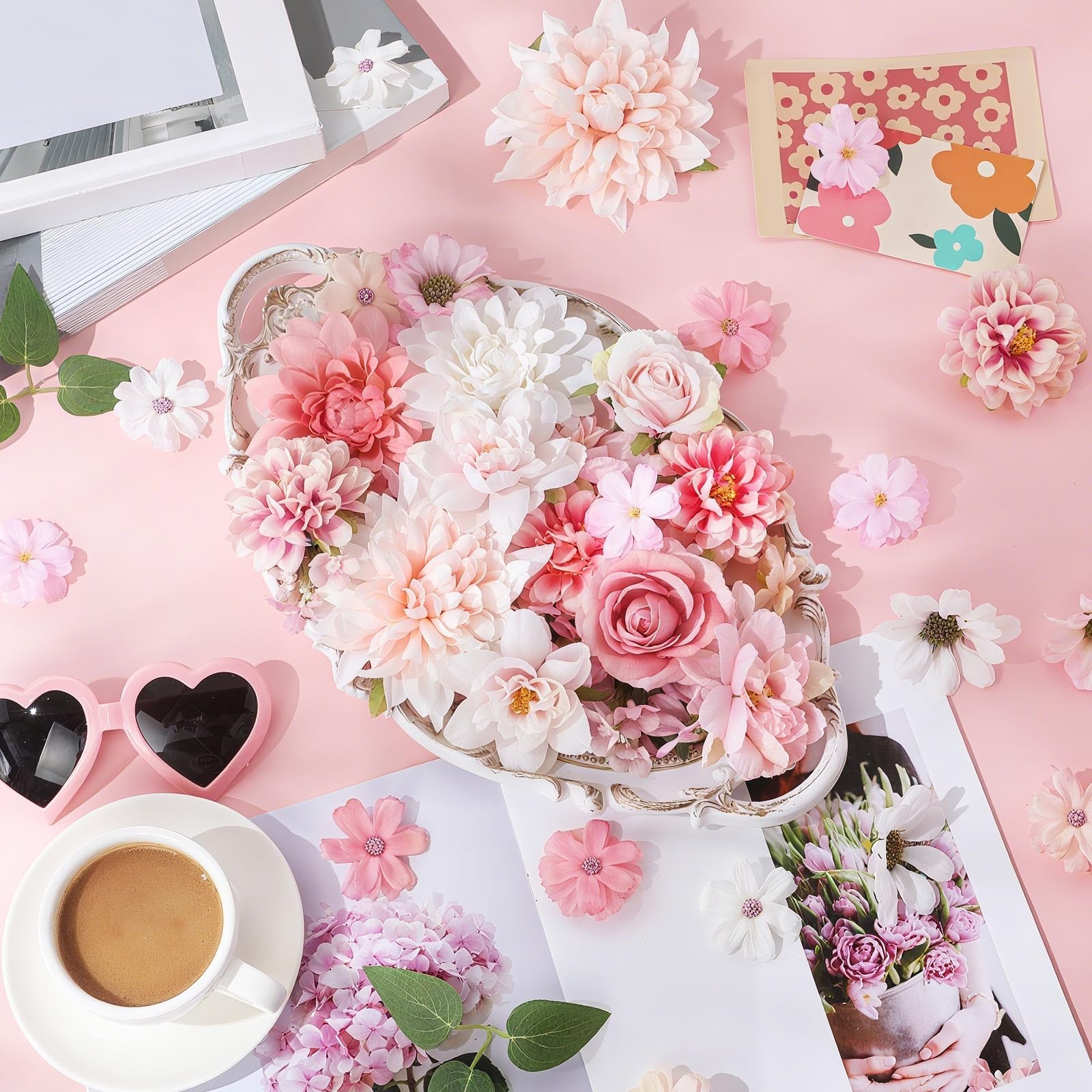 100 Pcs Pink Fake Flower Heads Long Stem Mini Silk Faux Daisy Peony Rose DIY Dec