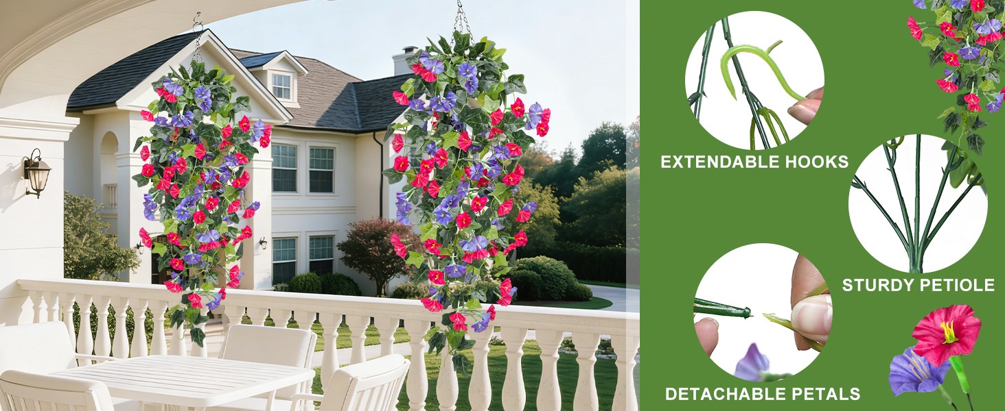 Artificial Fake Hanging Flowers Plants, Faux Silk Morning Glory with Ivy Vines,