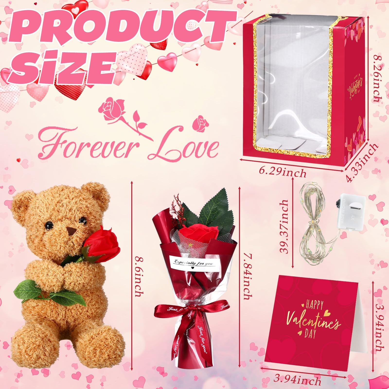 Valentine’s Day Gift Set Plush Stuffed Animal Bear with Rose Card and Box wit…