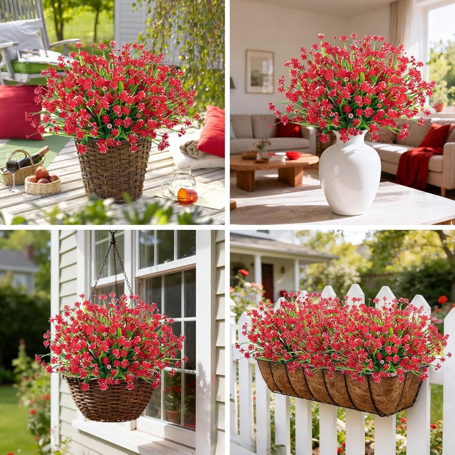 Lifelike Red Artificial Flowers – Set of 12 Bundles for Indoor and Outdoor Décor