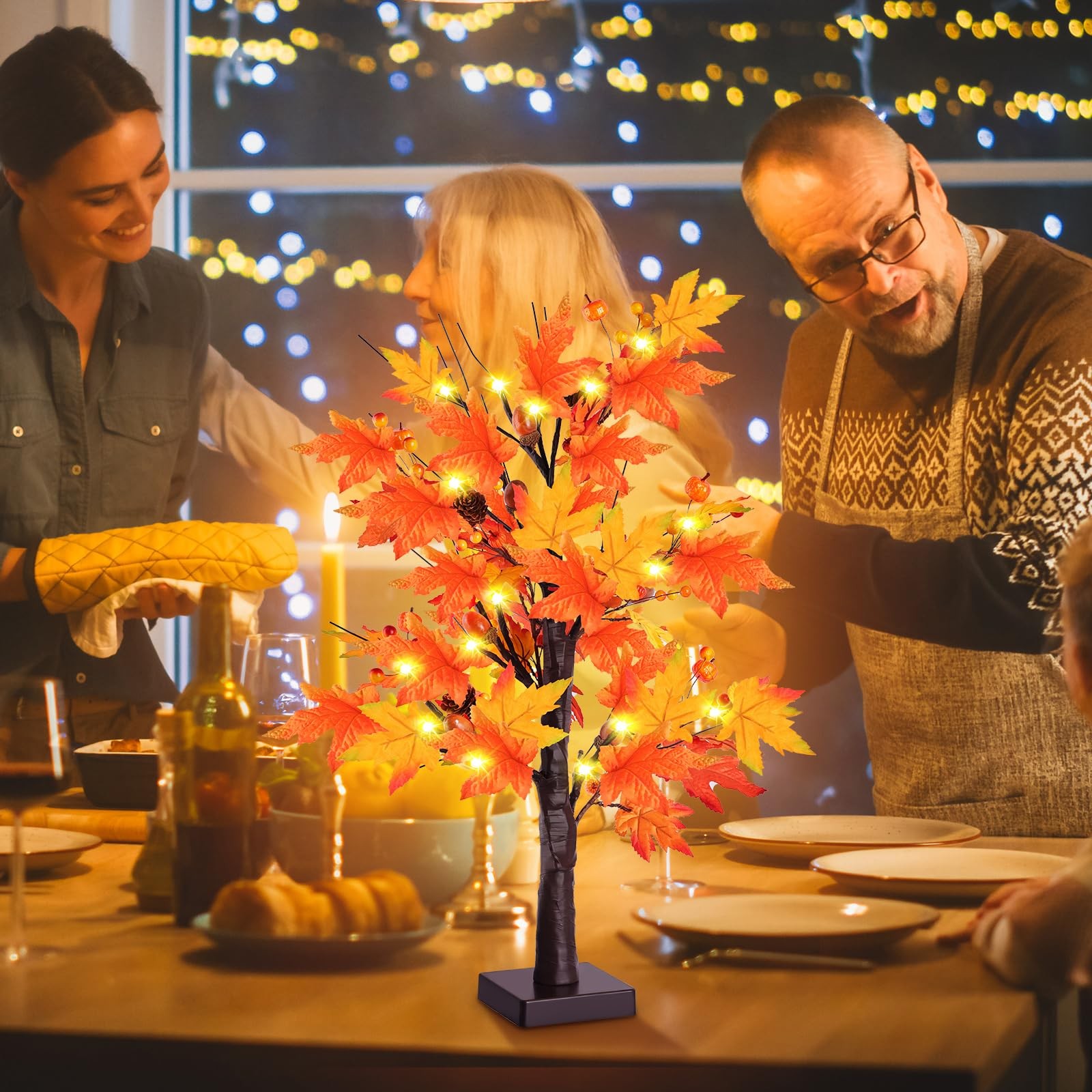 2 Pack 24 Inch Prelit Lighted Maple Tree, Artificial Fall Tree with 24 LEDs T…