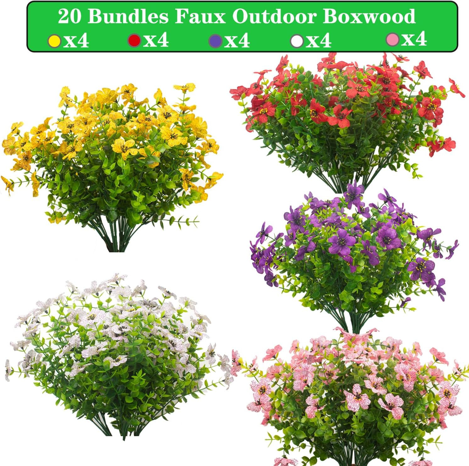 Grunyia 20 Bundles Artificial Flowers for Outdoors, UV Resistant Fake Plants Flo