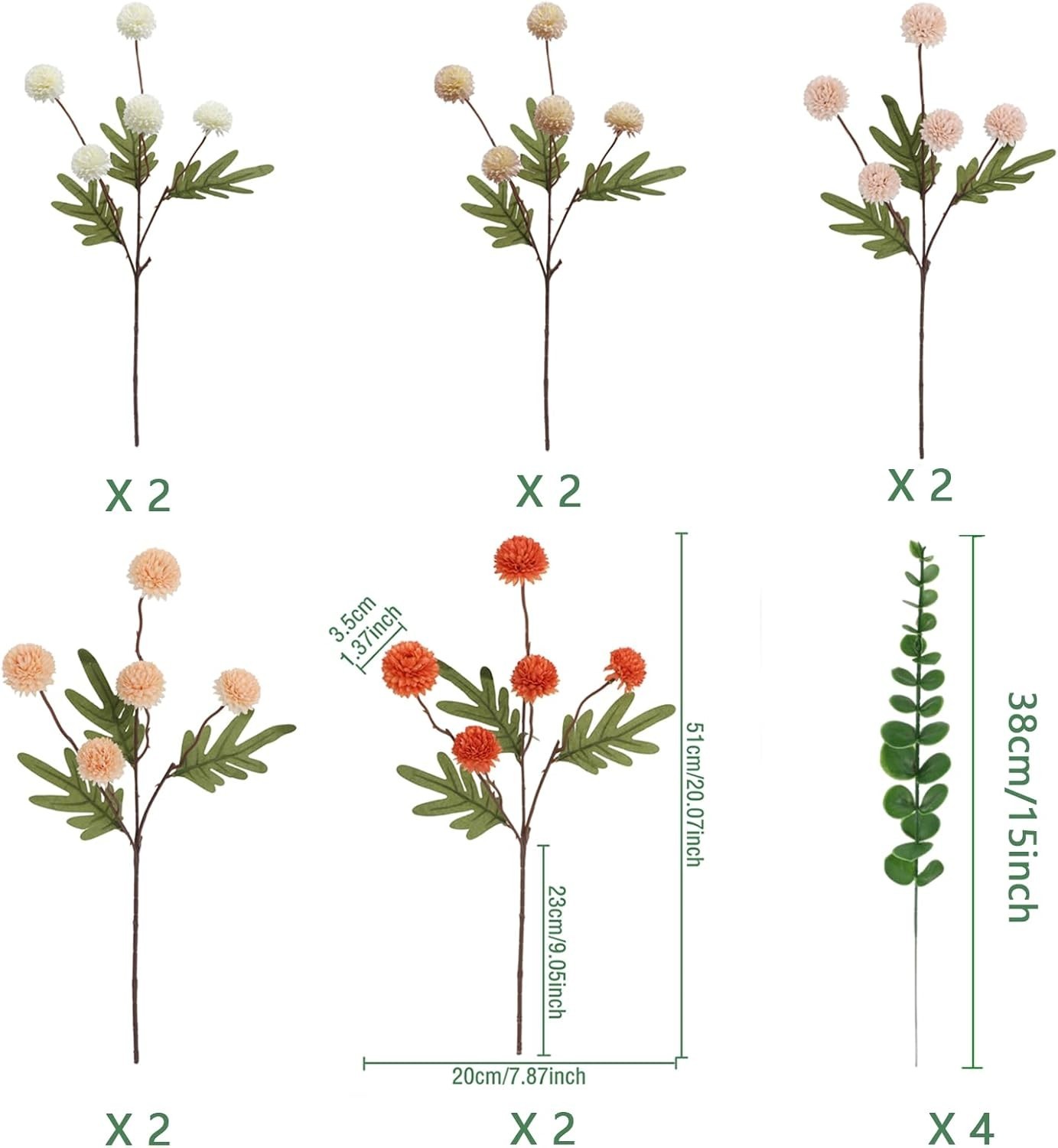10pcs Faux Mixed Color Kiku Flowers, 5 Heads Each Stem & 4 Branches Eucalyptu