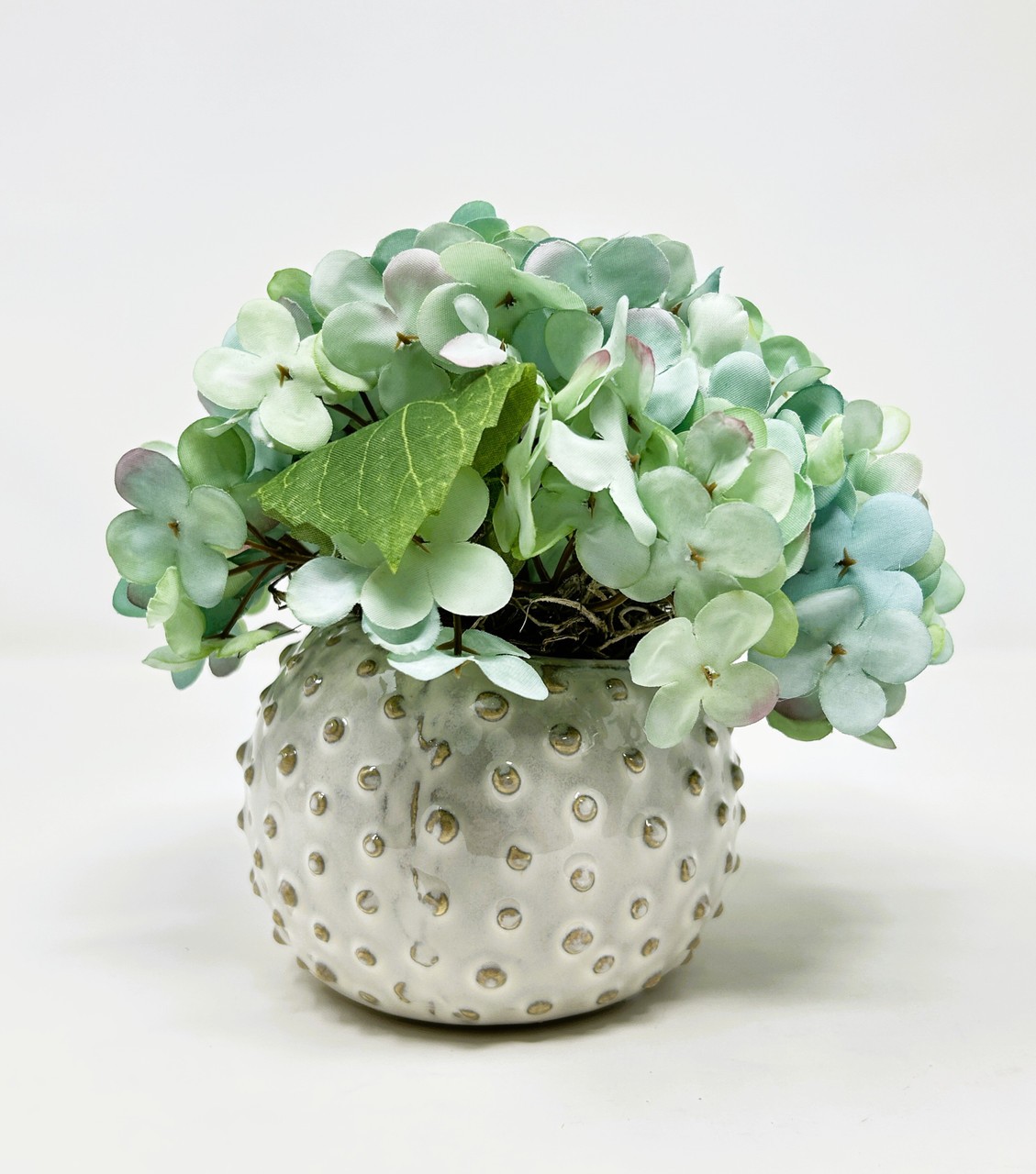 Mini 5.5″ Artificial BLUE-GREEN HYDRANGEA faux Silk flower potted in Cream Dot C