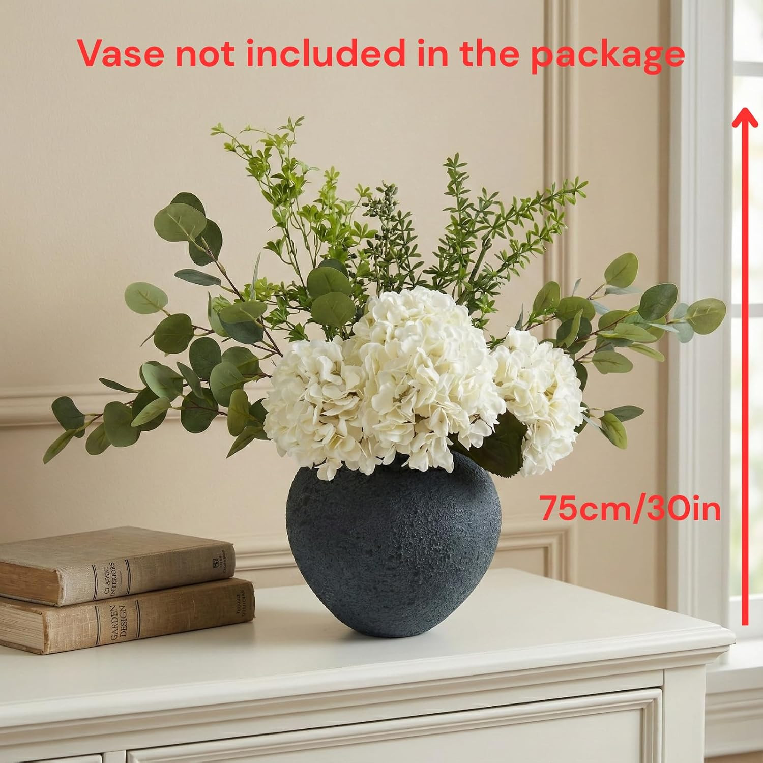 Faux Arrangement – Eucalyptus & White Hydrangea Flowers, Large Artificial