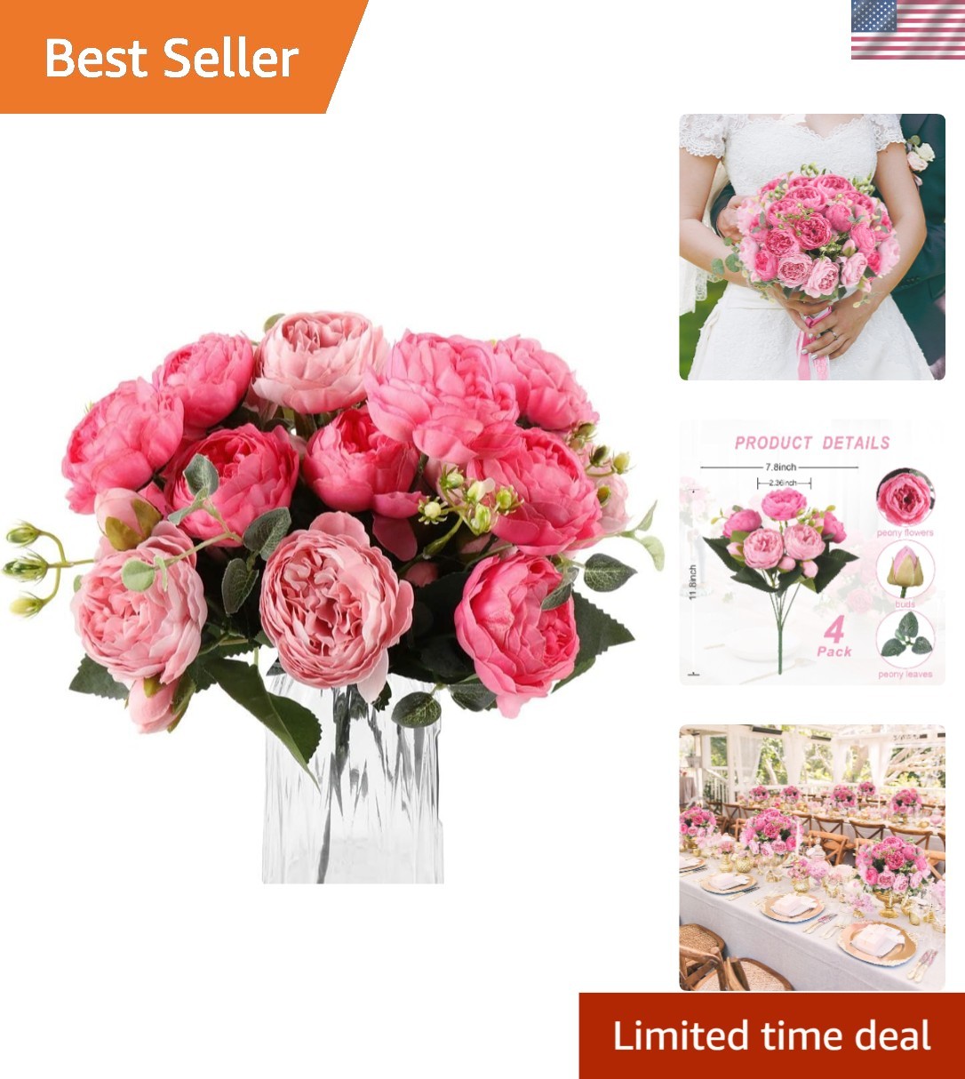 4 Bundles Realistic Silk Peonies Bouquet – Elegant Red & Pink Home Decor