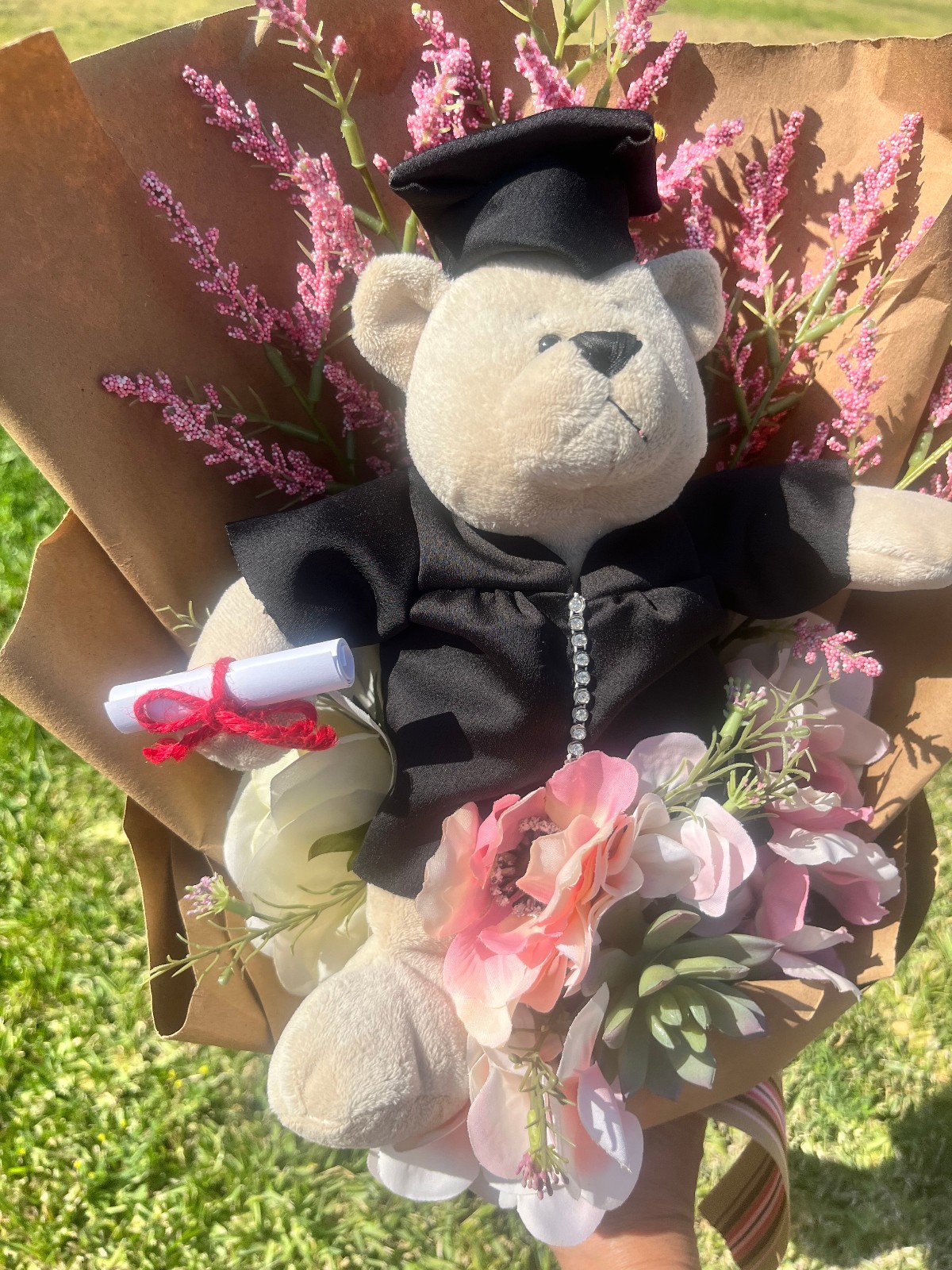 Hand Made Graduation Plush Bear Pink Artificial Flower Bouquet & Matching Ribbon