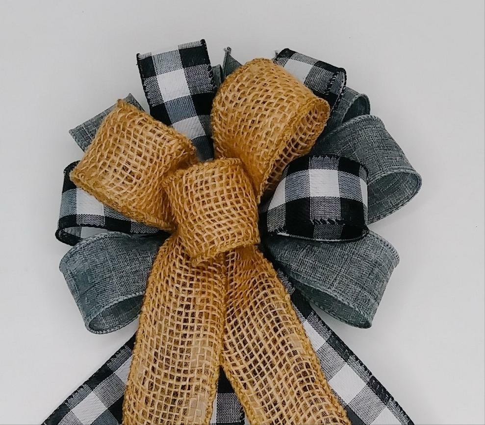 Wreath Bow, Burlap, Buffalo Check, Gray Linen